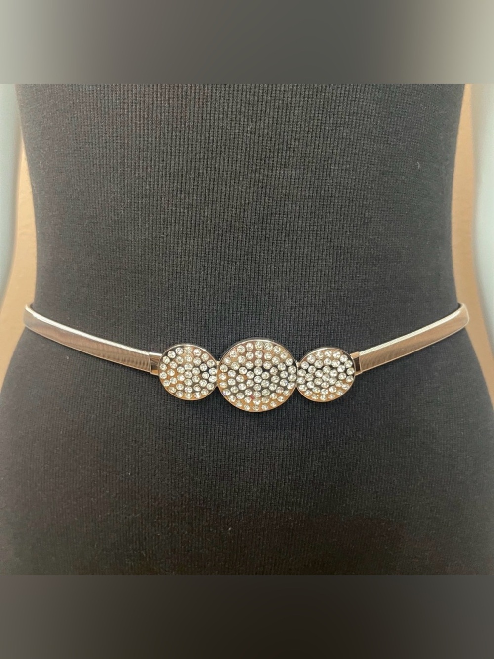 Silver tone metallic minimalist circle buckle rhinestone details skinny belt